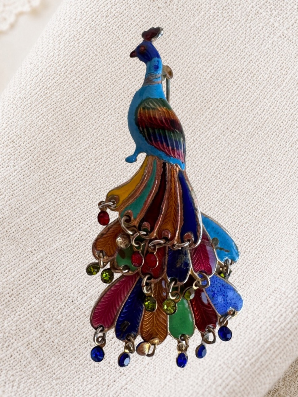 Vintage Japanese Cloisonne Peacock Brooch Articulated Enamel Rhinestone Bird Pin